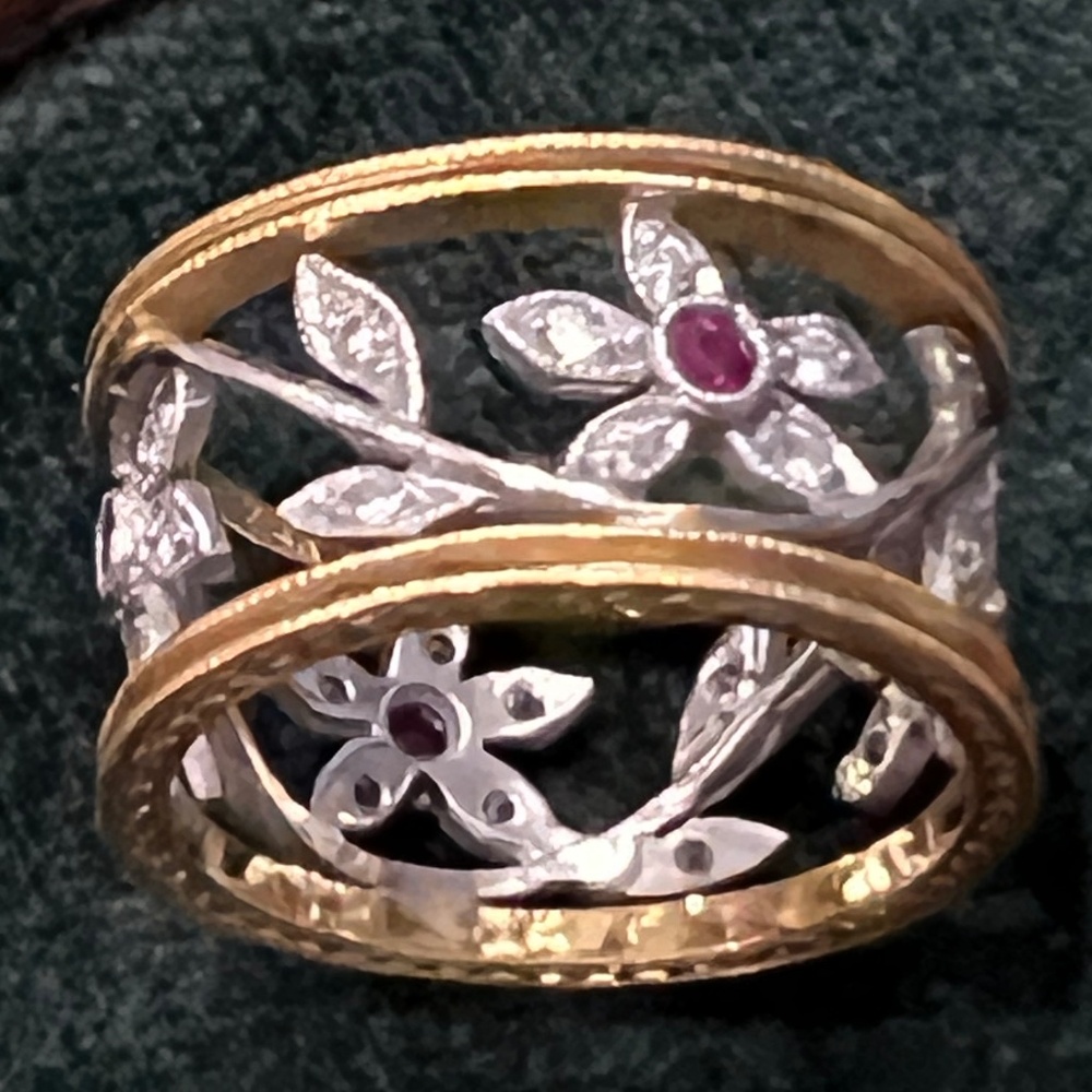 Beautiful Cathy Waterman Platinum and Gold Diamond Ruby Flower Vine Band